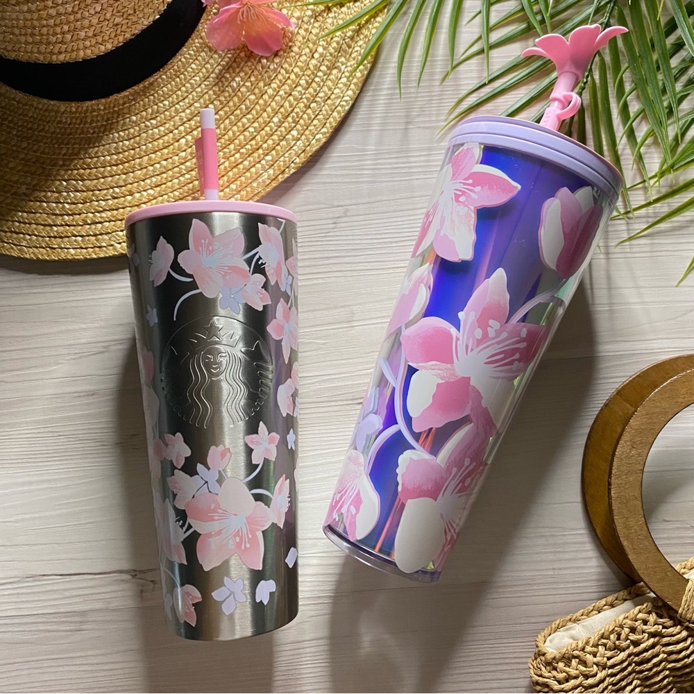 Starbucks Pink Silver Stainless Steel Floral Cherry Blossom Tumblers | 24 OZ
